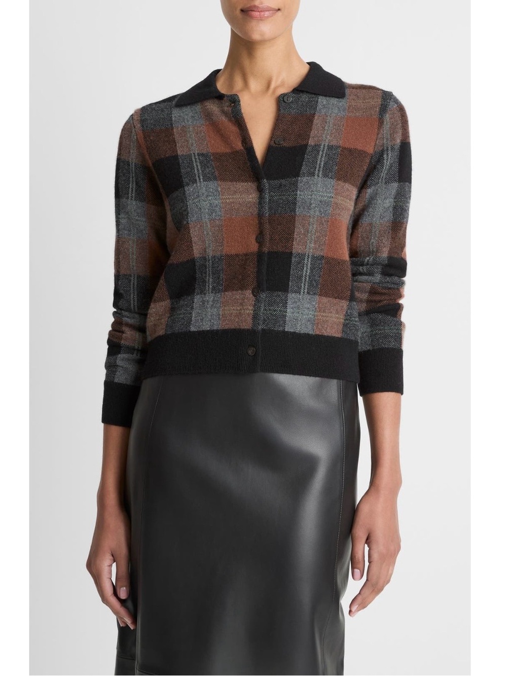 Vince Cashmere Check Plaid Cardigan in CACAO / HEATHER PEWTER / BLACK Size M